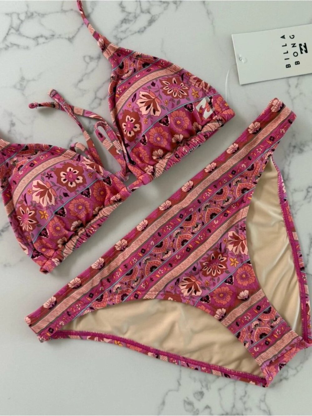 Billabong Beach Babe Triangle Top & Bikini Bottom SET - Berry Pink - Size Large